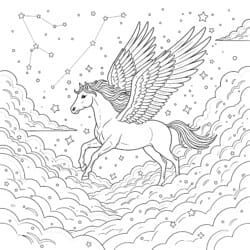 Pegasus Flying Clouds Coloring Page - Printable Coloring page