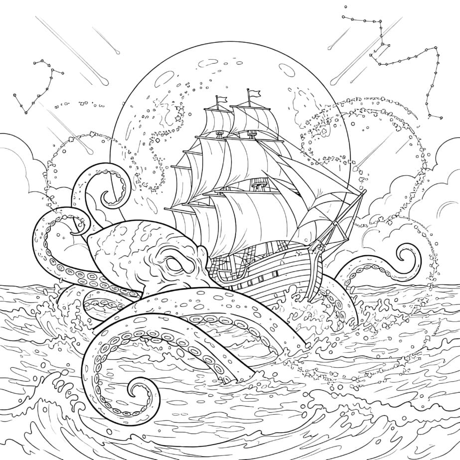 Kraken And Ship Coloring Page