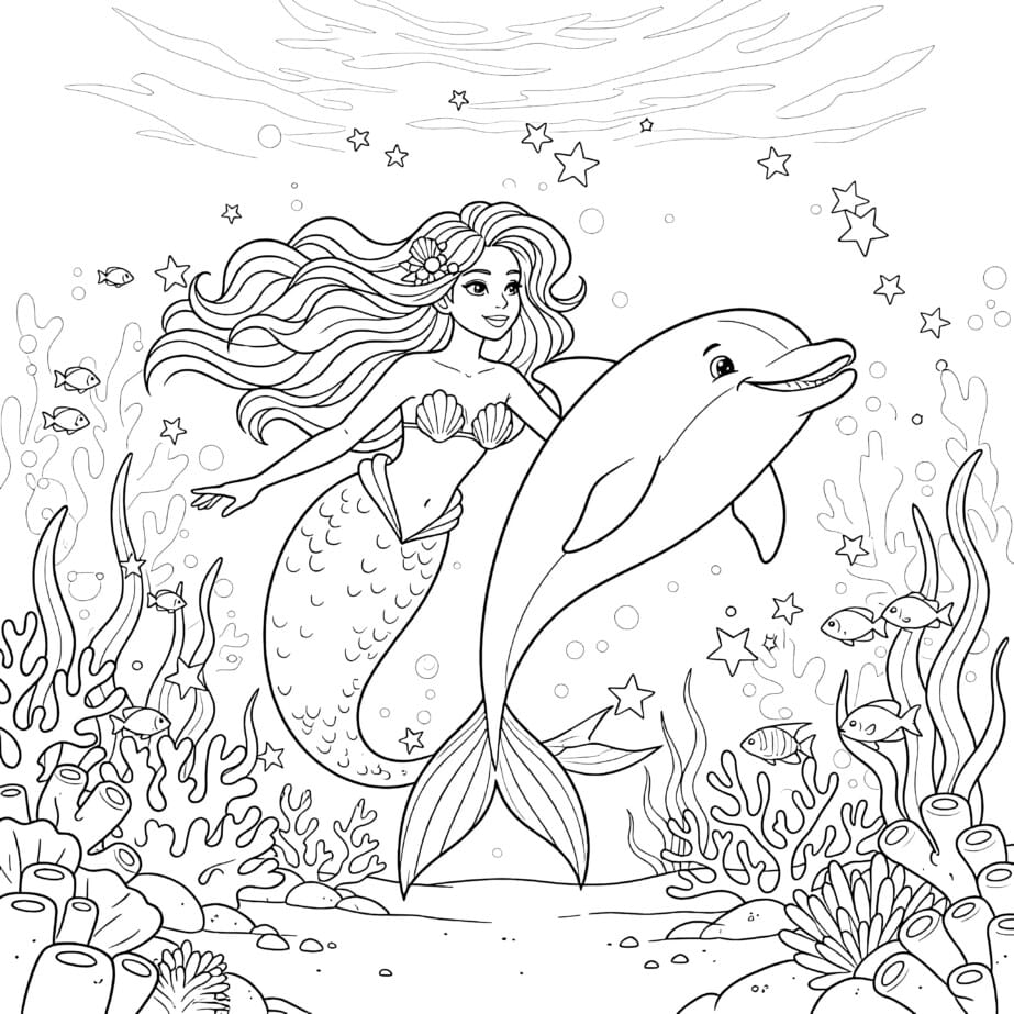 Mermaid And Dolphin Coloring Page