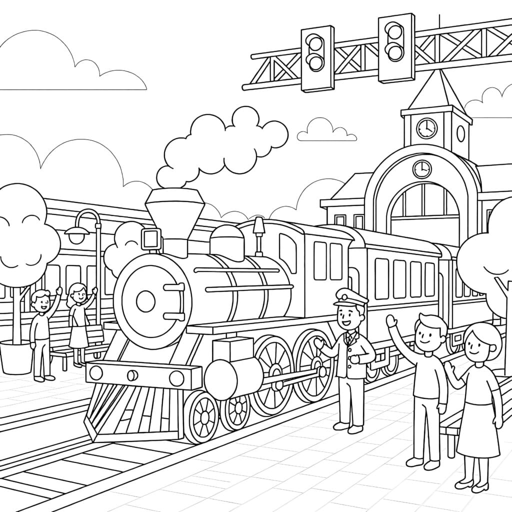 Steam Train At Station Coloring Page | Coloring Pages Mimi Panda