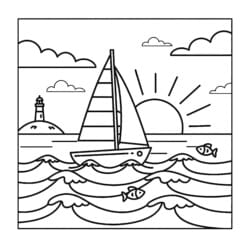 Sailboat On Waves Coloring Page - Printable Coloring page