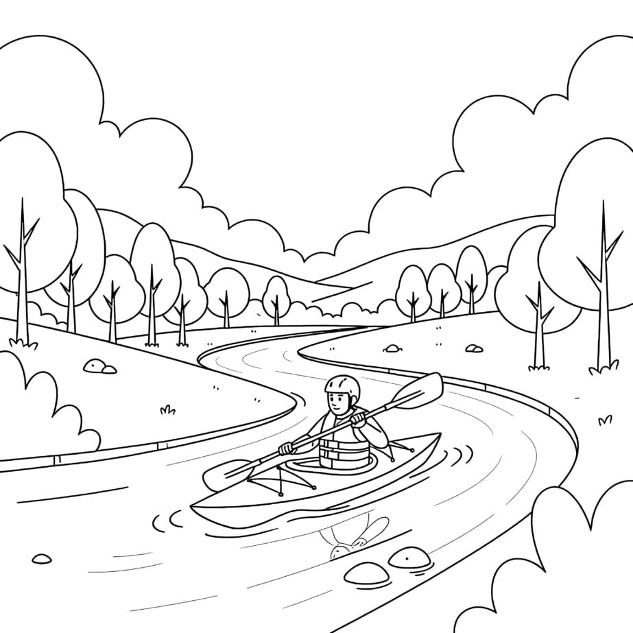 Kayak On River Coloring Page