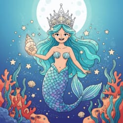 Mermaid With Seashell Crown Coloring Page - Origin image