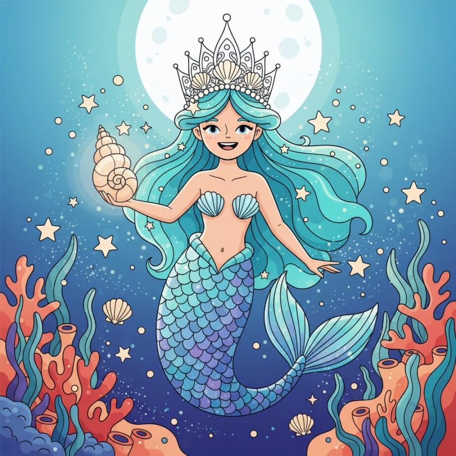 Mermaid With Seashell Crown Coloring Page 2