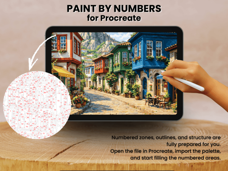 Colorful Old Town Street Paint By Number For Procreate – Mediterranean Village | Digital Download 2