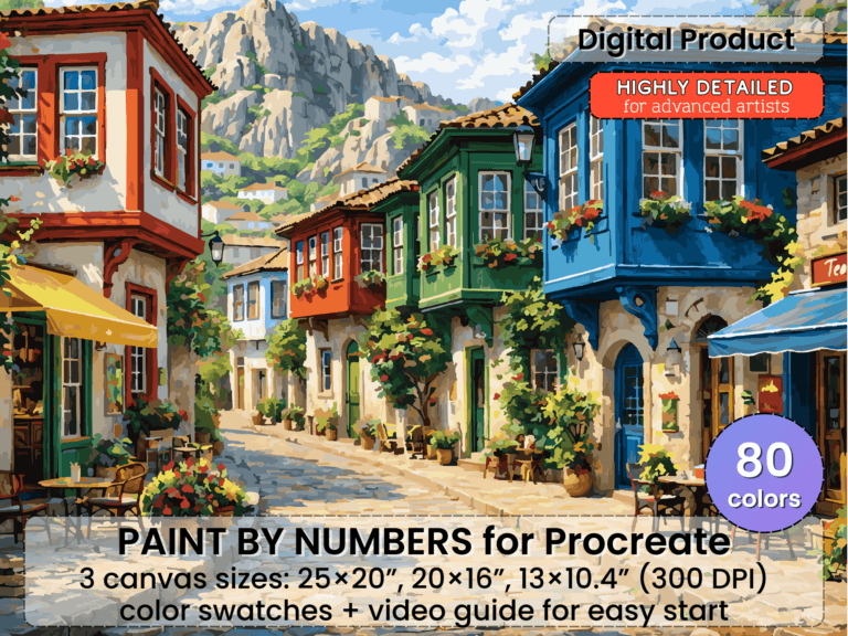 Colorful Old Town Street Paint By Number For Procreate – Mediterranean Village | Digital Download