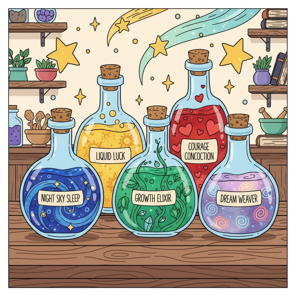 Magic Potion Bottles Coloring Page | Coloring Pages Mimi Panda