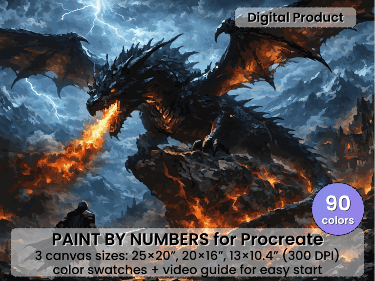 Epic Dragon Battle Paint By Number For Procreate – Dark Fantasy Fire Art | Digital Download