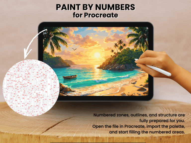Golden Shore Cove Paint By Number For Procreate – Tropical Evening | Digital Download 2