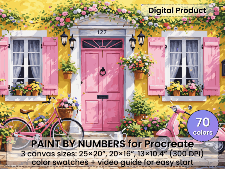 Pink Cottage Door Paint By Number For Procreate – Charming Street Art | Digital Download
