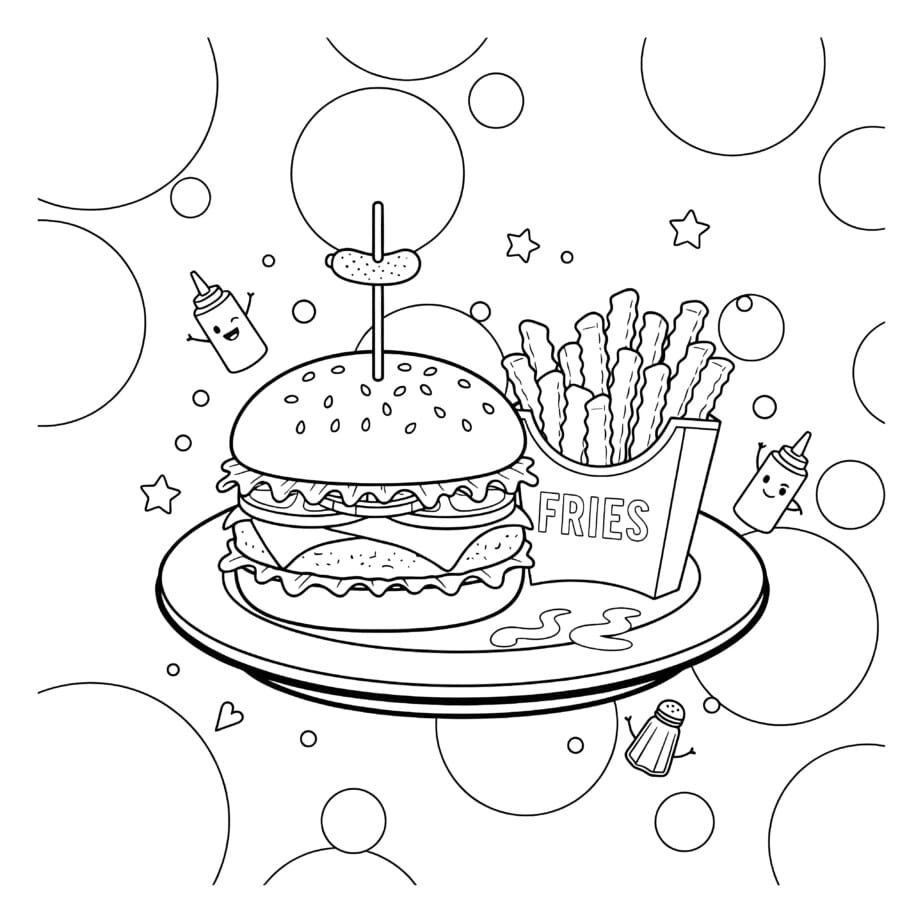 Hamburger And Fries Coloring Page