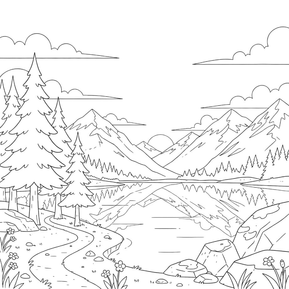 Mountain Lake Coloring Page