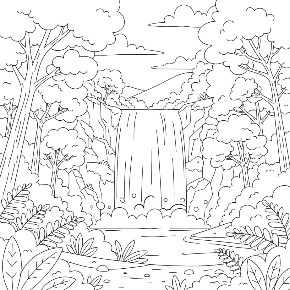Waterfall In Forest Coloring Page