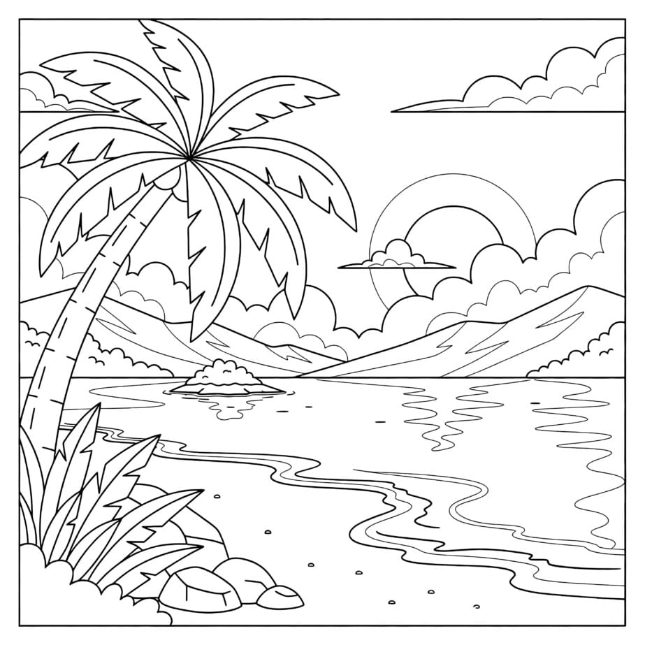 Tropical Island Beach Coloring Page