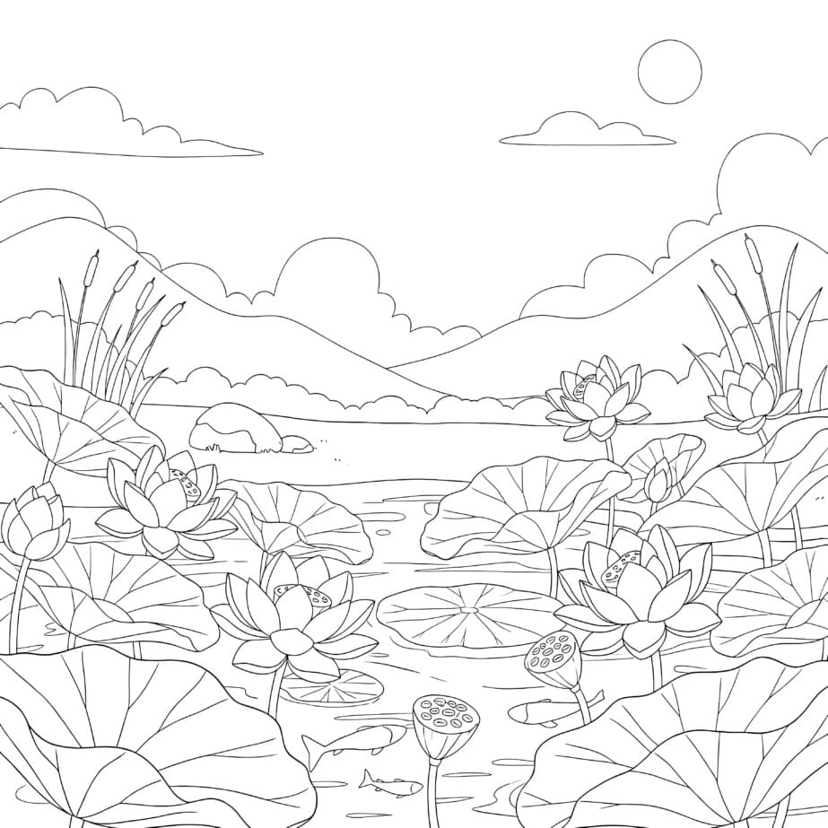 Lotus Pond Coloring Page