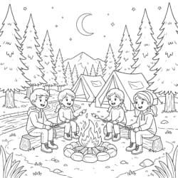 Campfire At Night Coloring Page - Printable Coloring page