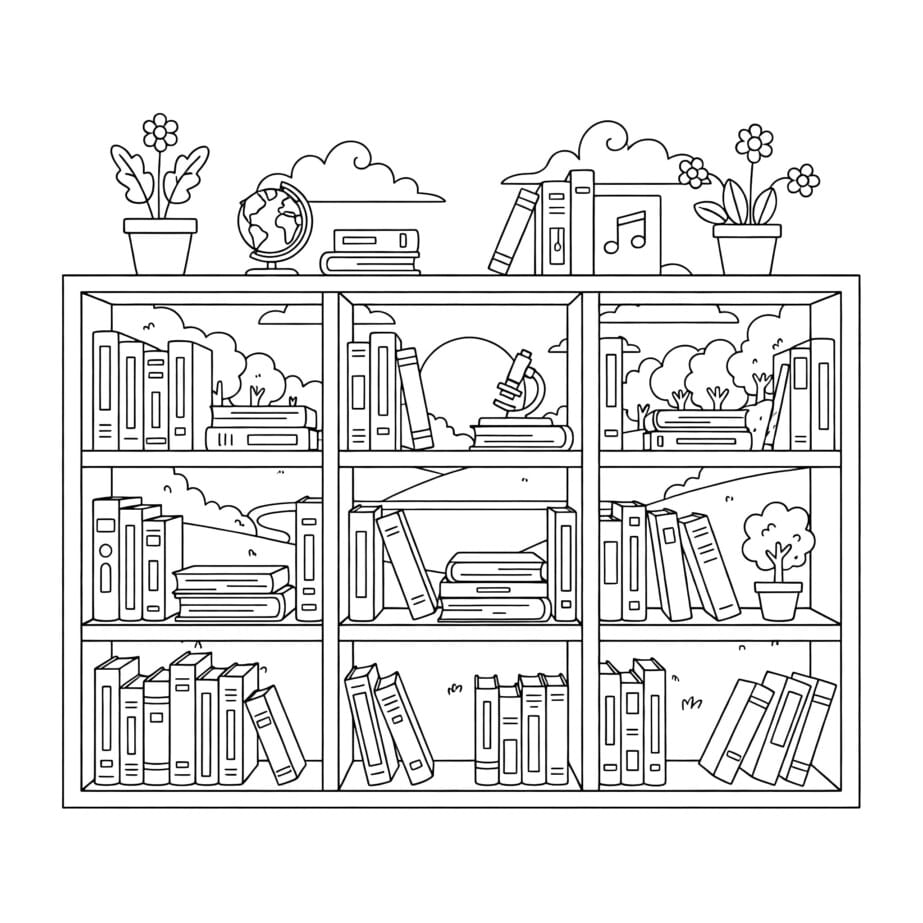 Library Bookshelf Coloring Page
