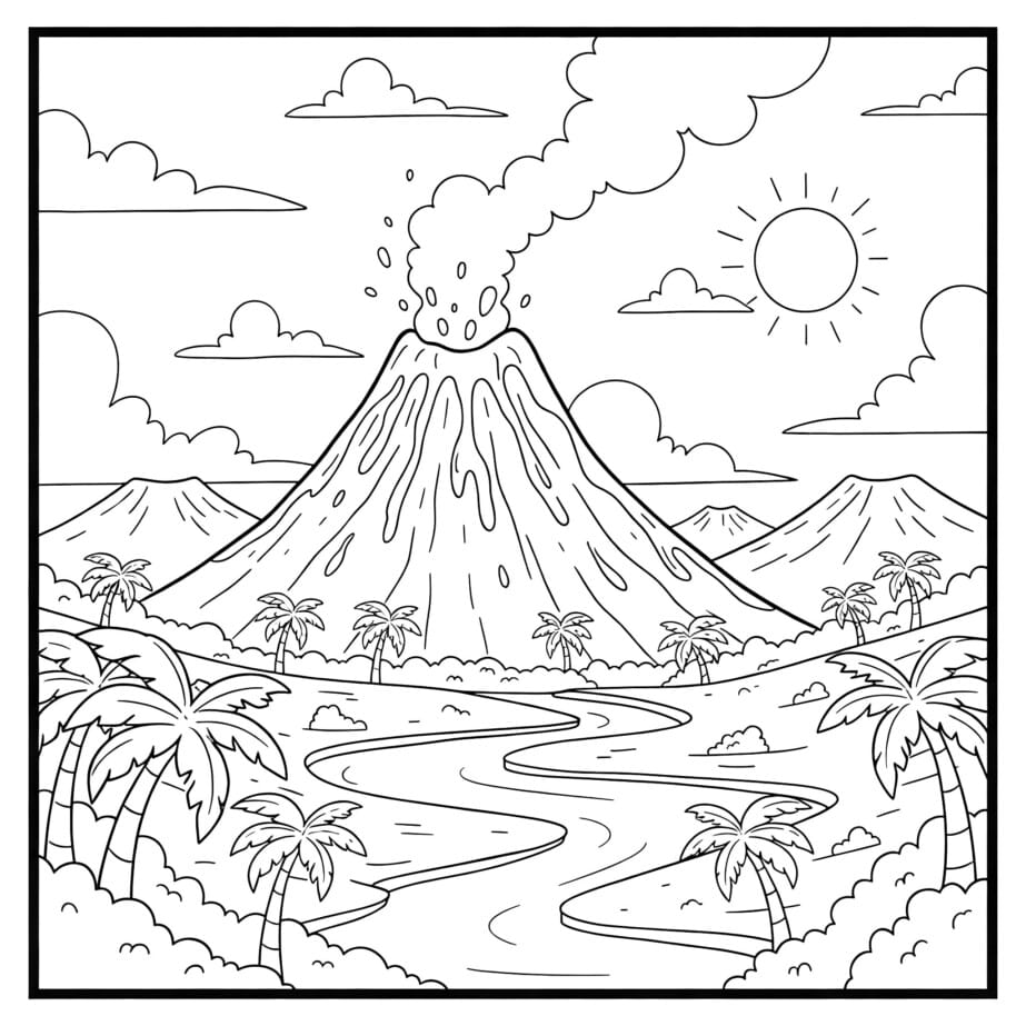 Volcano Landscape Coloring Page