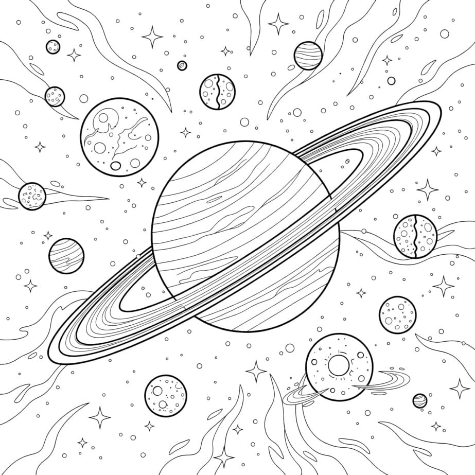 Saturn With Moons Coloring Page | Coloring Pages Mimi Panda